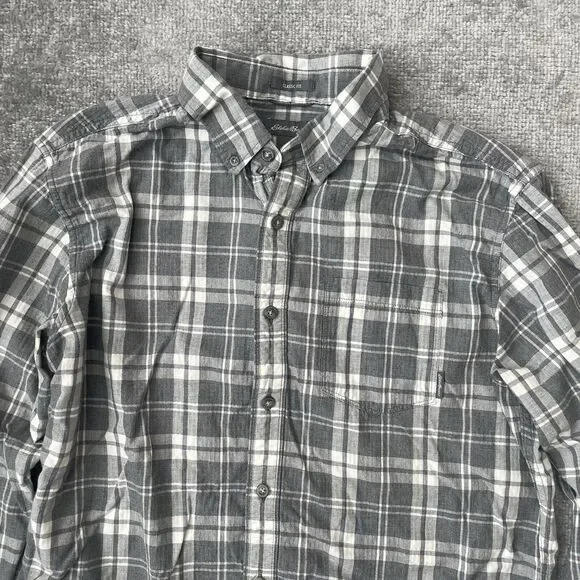 Eddie Bauer Shirt Mens Large Grey White Plaid Casual Button Up Classic Fit - Picture 2 of 7